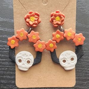Skull Flower Clay Post Dangle Earrings